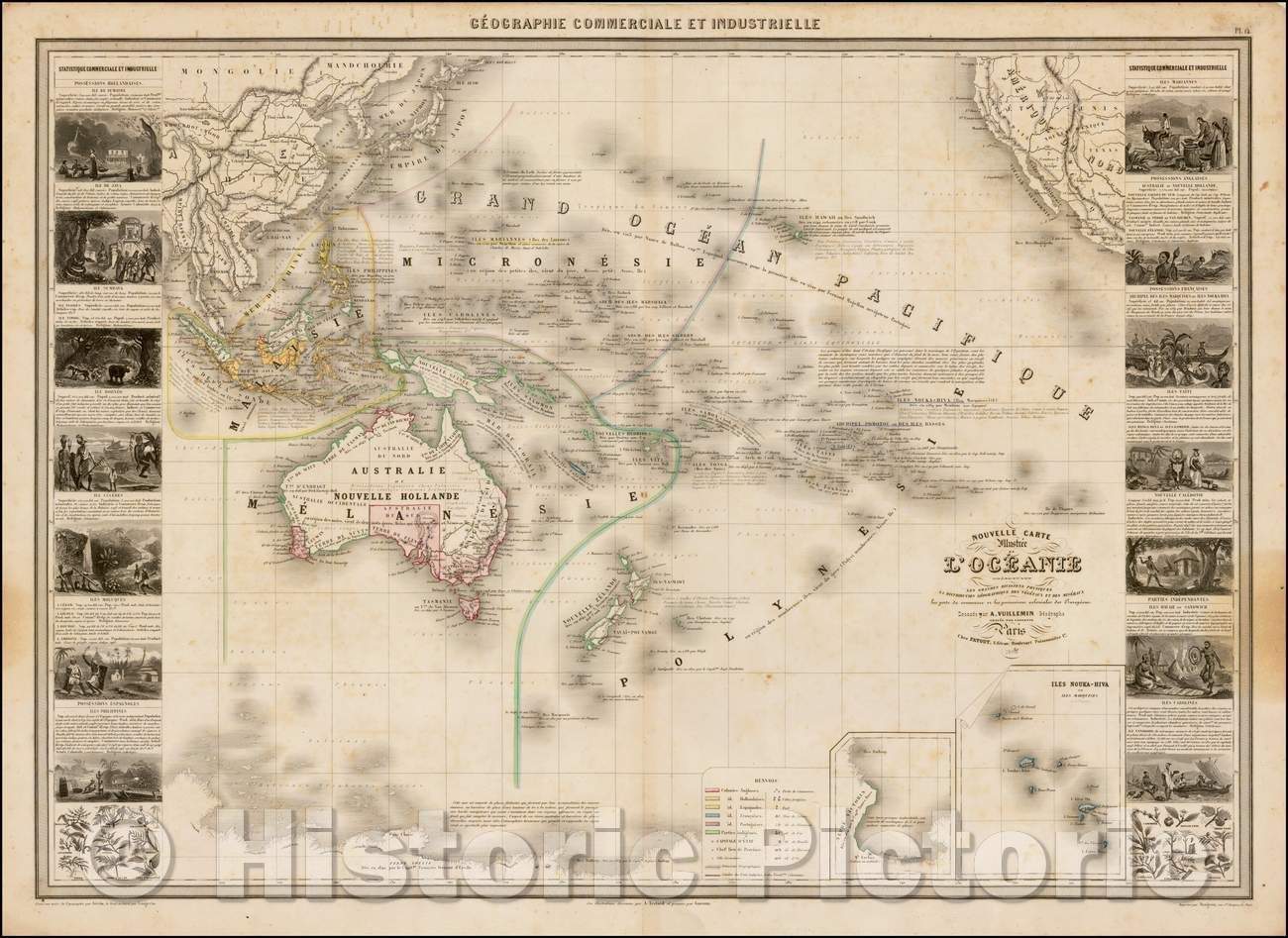 Historic Map - Nouvelle Carte Illustree de L'Oceanie, 1860, Alexandre Vuillemin v2