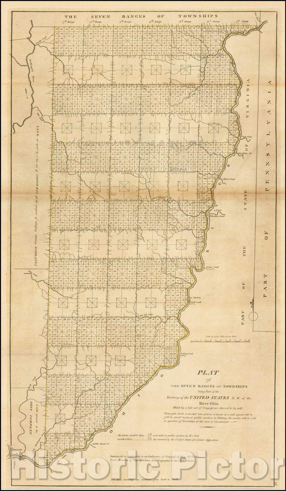 Historic Map - Plat of the Seven Ranges of Townships being Part of the Territory of the United States N.W. of the River Ohio which, 1796, Mathew Carey - Vintage Wall Art