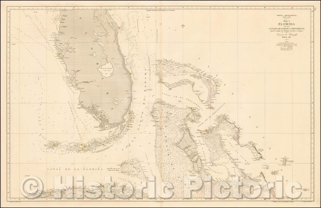 Historic Map - Sea chart of Florida and the Bahamas/Hola I. Florida con los Canales de Bahama y Providencia, segun los trabaj, 1867 - Vintage Wall Art