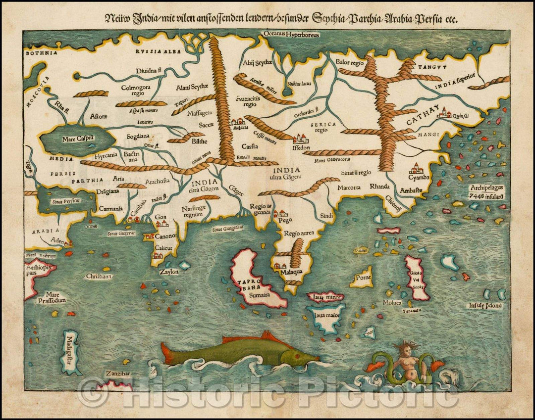 Historic Map - Neuw India/mit vilen anstossenden lendern/besunder Scychia/Parchia/Arabia/Persia/German edition of Map of Asia, 1544 - Vintage Wall Art