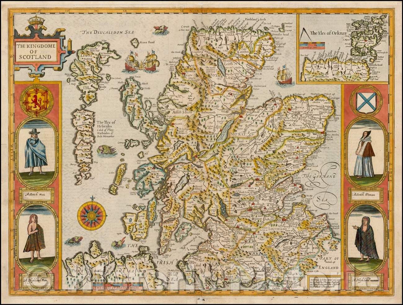 Historic Map - The Kingdome of Scotland, 1676, John Speed - Vintage Wall Art