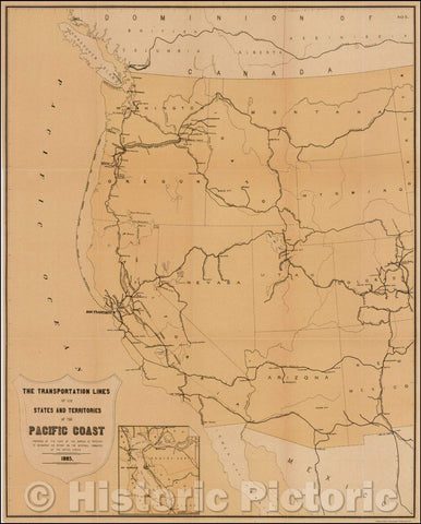 Historic Map - Transmississippi West The Transportation Lines of the States and Territories of the Pacific Coast, 1885, United States Treasury Department - Vintage Wall Art