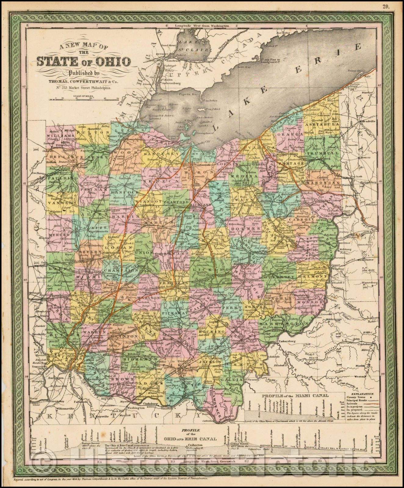 Historic Map - The State of Ohio, 1850, Thomas, Cowperthwait & Co. - Vintage Wall Art