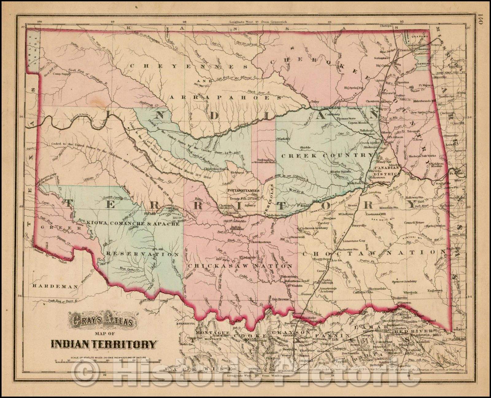 Historic Map - Gray's Atlas Map of Indian Territory, 1873, O.W. Gray - Vintage Wall Art