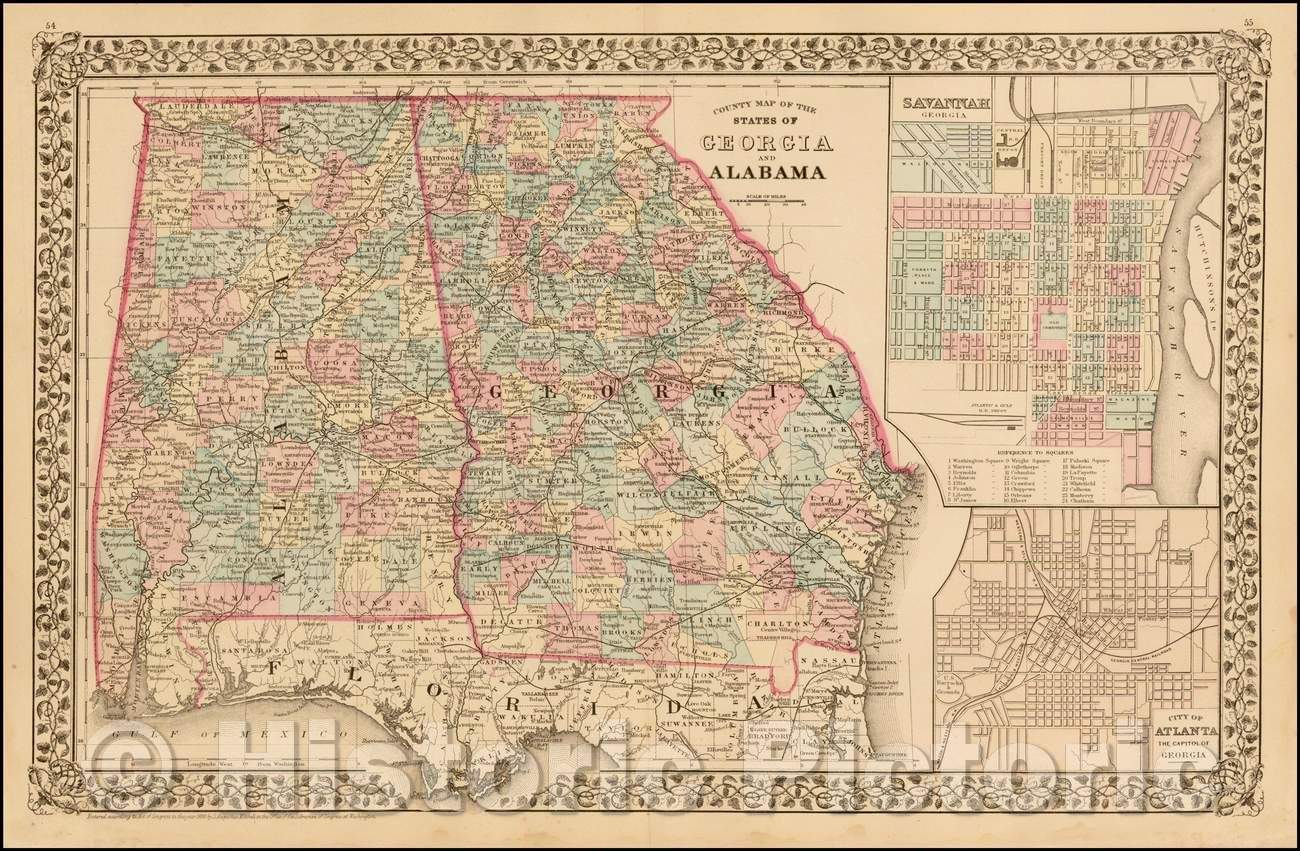 Historic Map - County Map of the States of Georgia and Alabama [Insets of Atlanta and Savannah], 1880, Samuel Augustus Mitchell Jr. v1