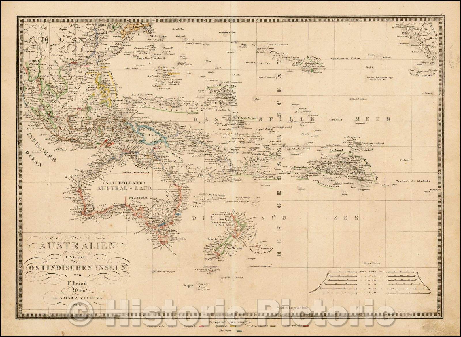 Historic Map - Australien und die Ostindischen Inseln von F. Fried/Regional Map of Oceana, published in Vienna, 1851, Artaria & Co. - Vintage Wall Art