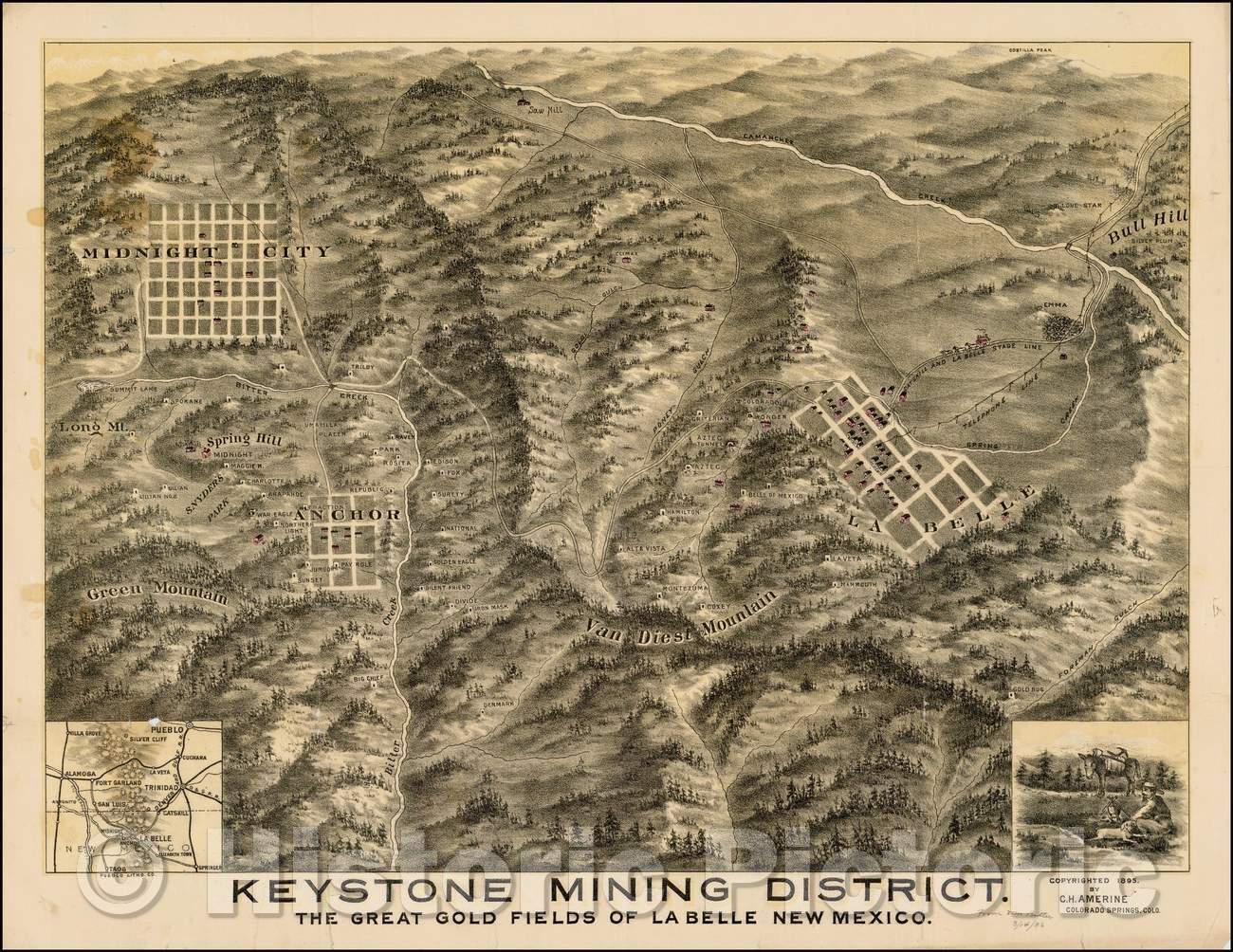 Historic Map - Keystone Mining District. The Great Gold Fields of La Belle New Mexico, 1895, C.H. Amerine - Vintage Wall Art