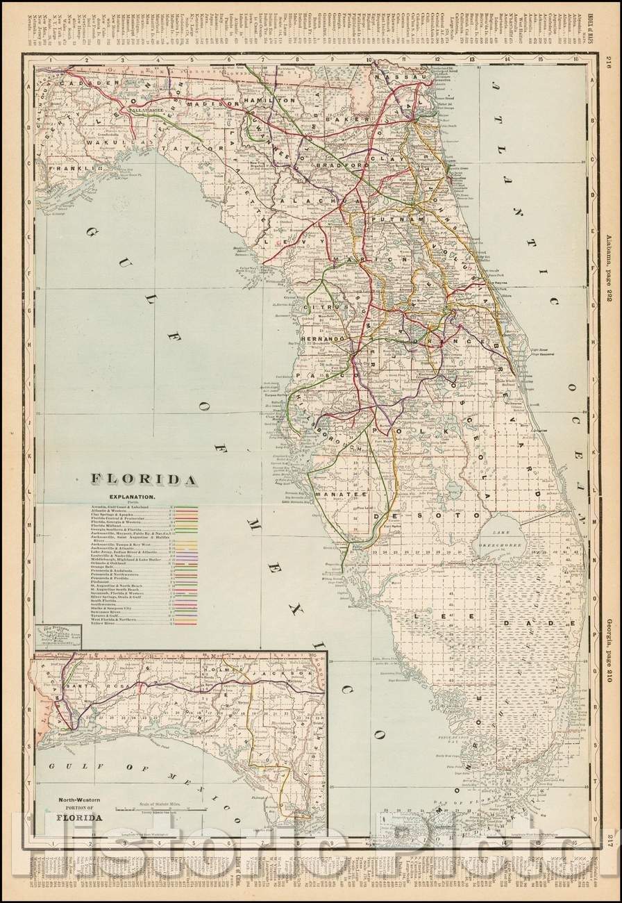 Historic Map - Florida [Railroad Map], 1893, George F. Cram - Vintage Wall Art