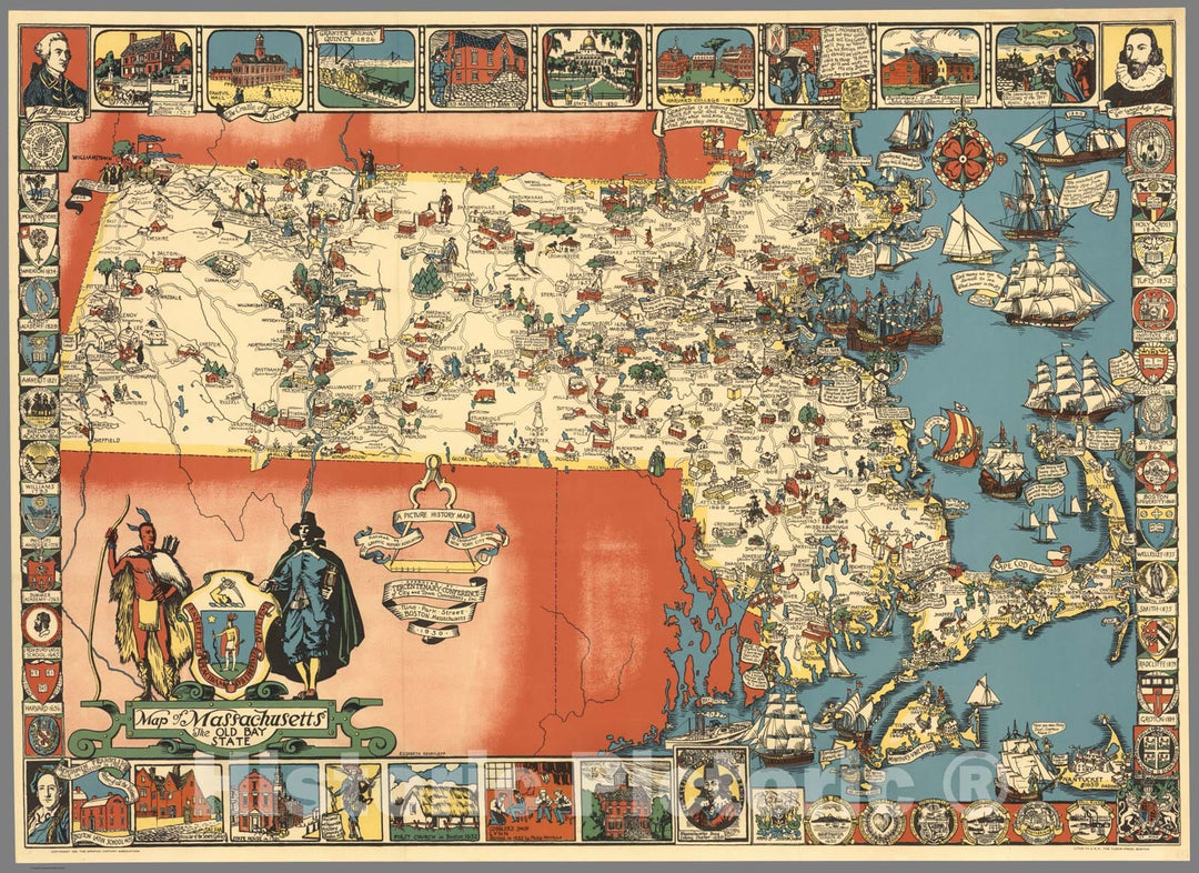 Historic Map - Map of Massachusetts The Old Bay State, 1930, Elizabeth Shurtleff - Vintage Wall Art