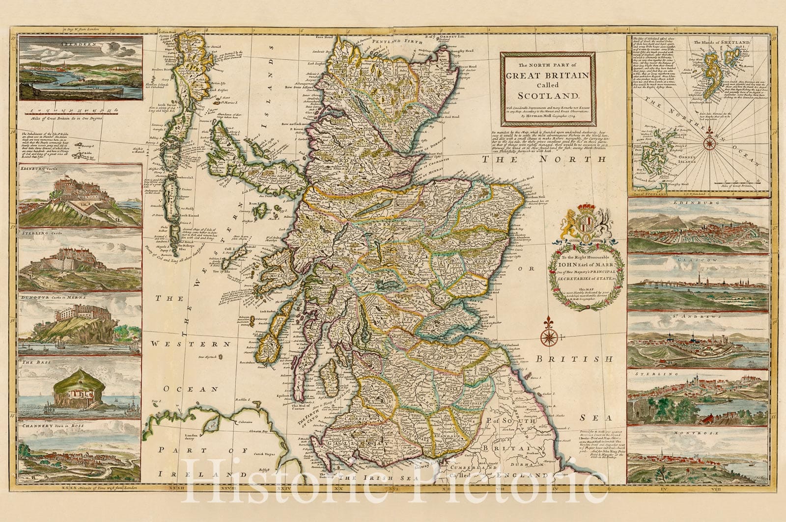 Historic Map - The North Part of Great Britain Called Scotland with Considerable Improvements and many Remarks not Extant in any Map, 1714, Herman Moll - Vintage Wall Art