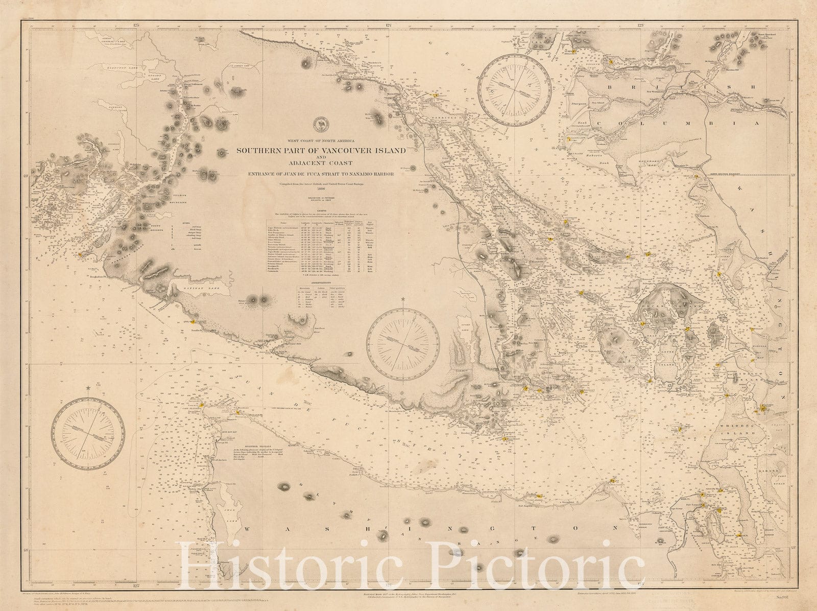 Historic Map - Southern Part of Vancouver Island and Adjacent Coast Entrance of Juan de Fuca Strait to Nanimo Harbor, 1886, British Admiralty - Vintage Wall Art