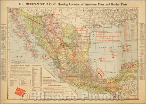 Historic Map - The Mexican Situation, Showing Location of American Fleet and Border Forts, 1913, Chicago Milwaukee & St. Paul Railroad - Vintage Wall Art