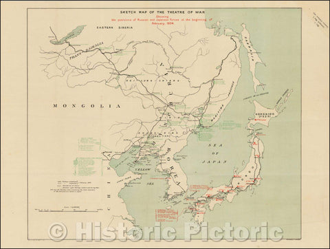 Historic Map - China, Korea, Japan & Manchuria Sketch of the Theatre of War Showing the positions of the Russian and Japanese Forces, 1904 - Vintage Wall Art
