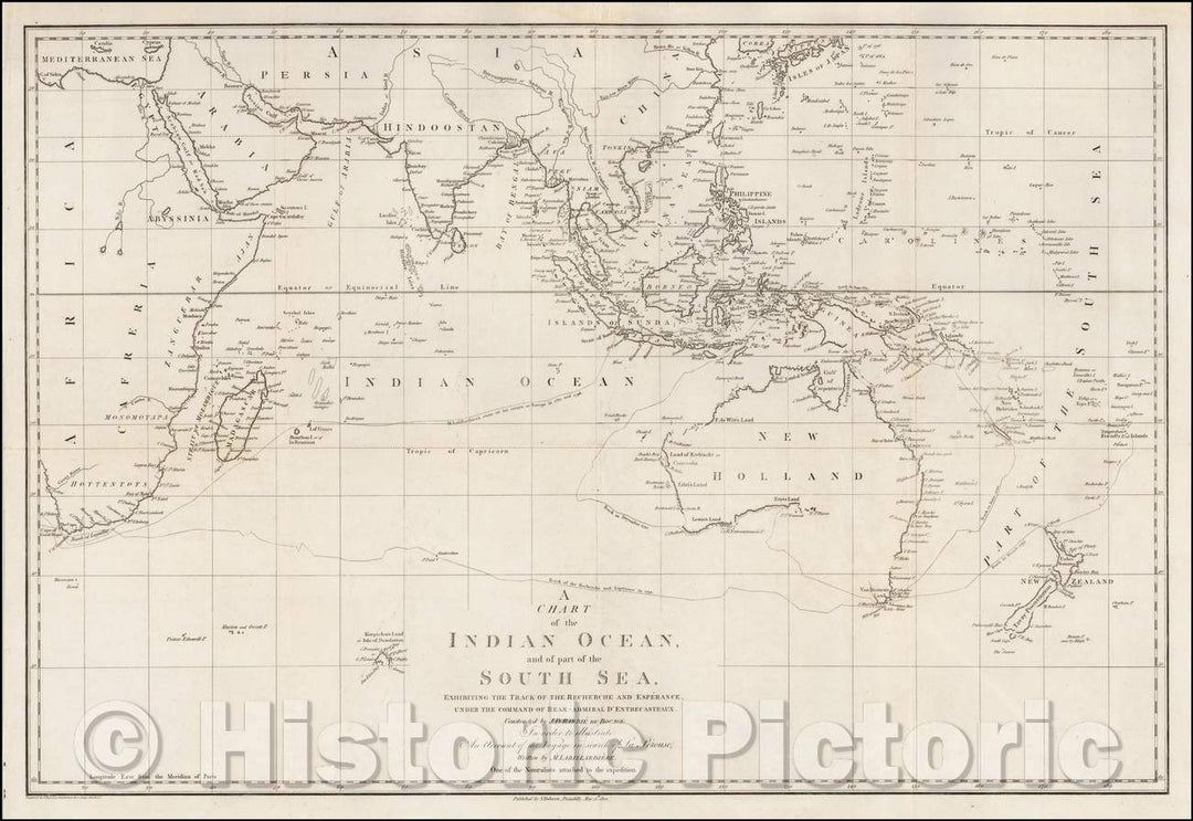 Historic Map - A Chart of the Indian Ocean, and of part of the South Sea, 1800, Jacques-Julien Houtou de LaBillardiere - Vintage Wall Art