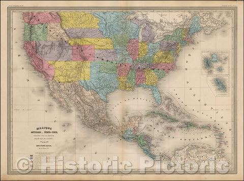 Historic Map - Mexique, Antilles, Etats-Unis (Early Depiction of Idaho Territory & Montana Territory) :: United States, Shoshone, Idaho & Montana Territories, 1863 - Vintage Wall Art