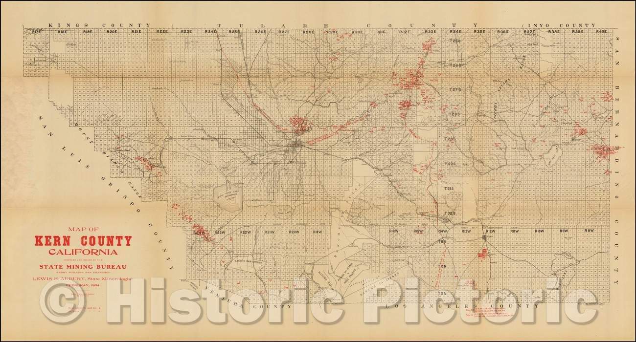 Historic Map - Map of Kern County California, compiled and Issued, 1904, California State Mining Bureau - Vintage Wall Art