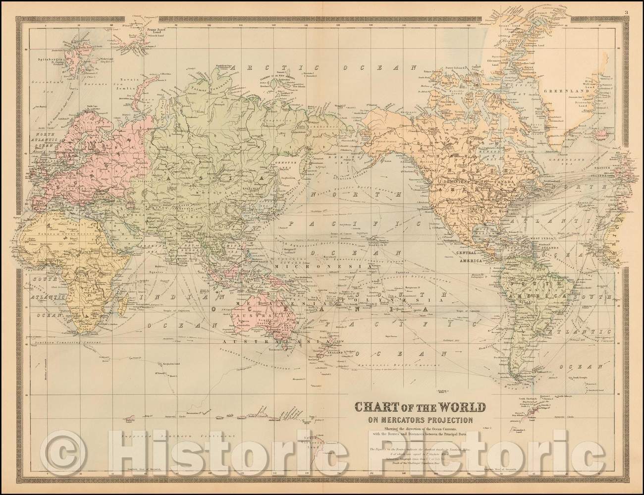Historic Map - Chart of the World on Mercator's Projection Showing the directions of the Oceans Currents, 1884 - Vintage Wall Art