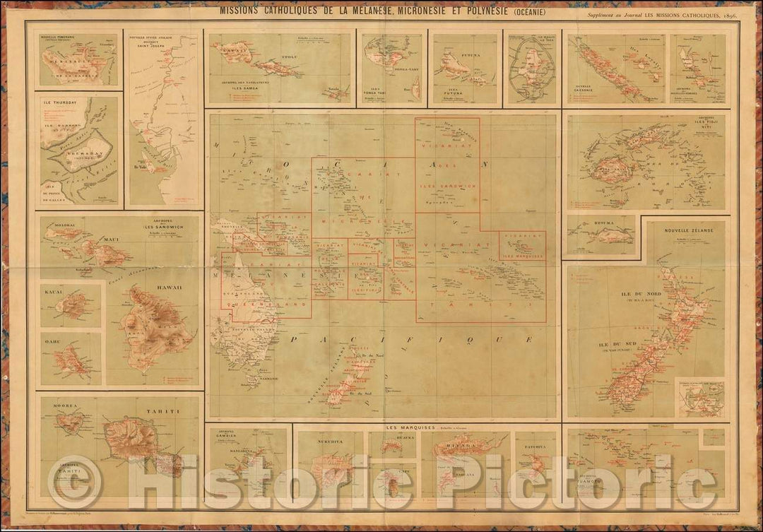 Historic Map - Missions Catholiques De La Melanesie, Micronesie et Polynesie Oceanie, 1896, Journal Les Missions Catholiques - Vintage Wall Art