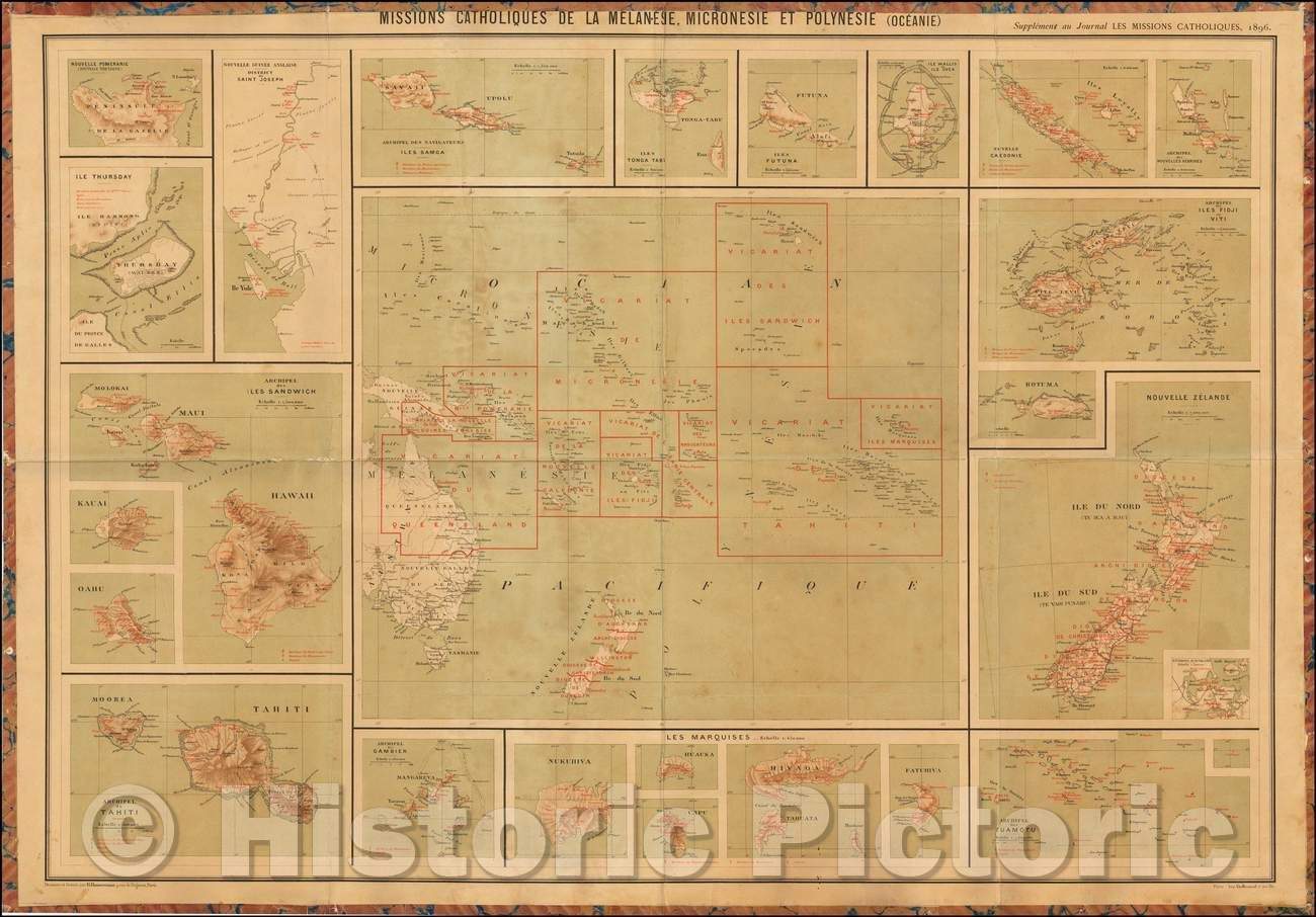 Historic Map - Missions Catholiques De La Melanesie, Micronesie et Polynesie Oceanie, 1896, Journal Les Missions Catholiques - Vintage Wall Art