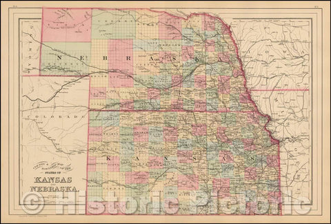 Historic Map - County & Township Map of the States of Kansas and Nebraska, 1884, Samuel Augustus Mitchell Jr. - Vintage Wall Art