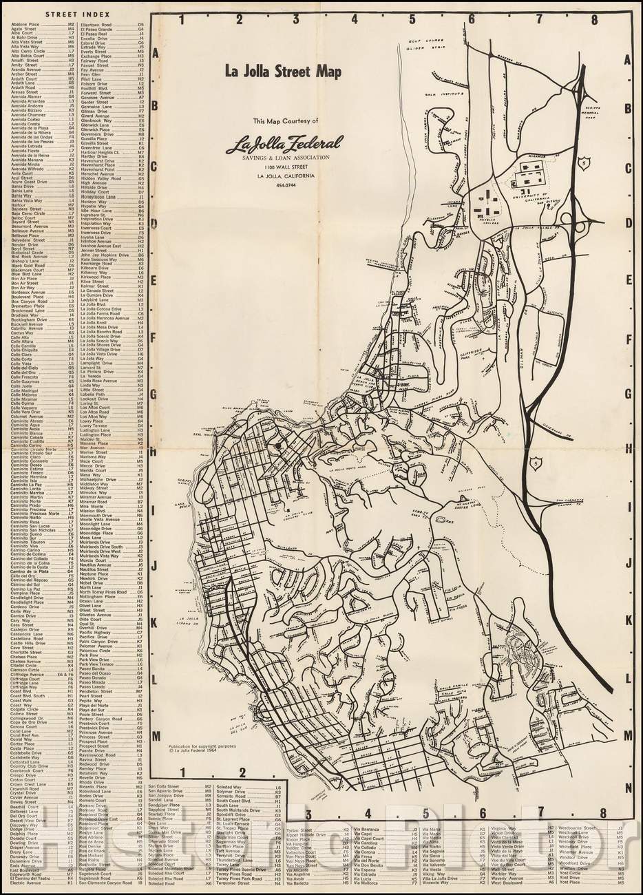 Historic Map - La Jolla Street Map, 1964, La Jolla Light - Vintage Wall Art