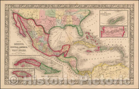 Historic Map - Map of Mexico, Central America, and the West Indies [Insets of Bermuda, Jamaica and Panama Railroad and The Island of Cuba], 1865 - Vintage Wall Art
