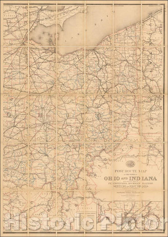Historic Map - Ohio Post Road Map of the States of Ohio and Indiana with Adjacent Parts of Pennsylvania Michigan Illinois Kentucky and West Virginia, 1885 - Vintage Wall Art