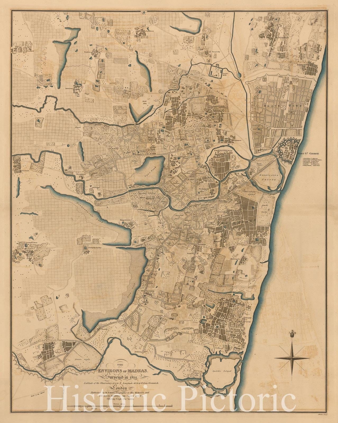 Historic Map - Chennai The Environs of Madras. Surveyed in 1814. Latitude of the Observatory 13? 4.10 N. Longitude 80?.19.10 E. from Greenwhich, 1816 - Vintage Wall Art