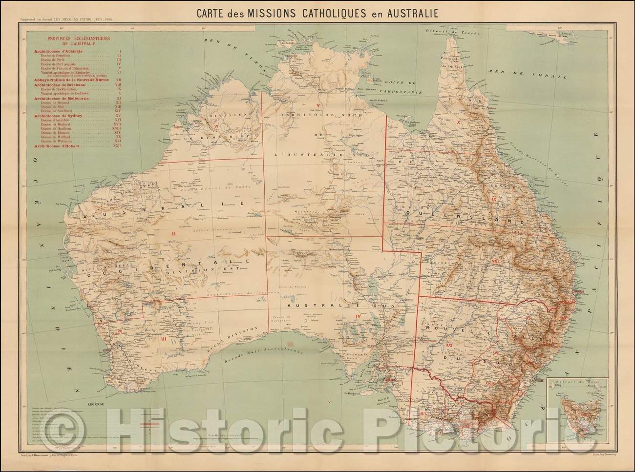 Historic Map - Carte des Missions Catholiques en Australie/Map showing the Catholic Missions in Australia, 1906, Journal Les Missions Catholiques - Vintage Wall Art