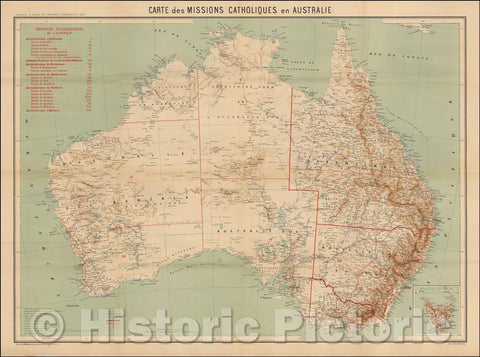 Historic Map - Carte des Missions Catholiques en Australie/Map showing the Catholic Missions in Australia, 1906, Journal Les Missions Catholiques - Vintage Wall Art