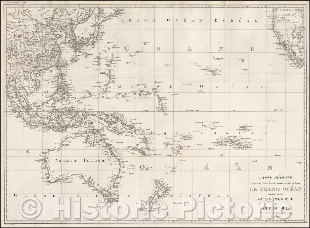Historic Map - Carte Reduite donnant toutes les decouvertes faites dans Le Grand Ocean no :: Grand Ocean, 1810 - Vintage Wall Art