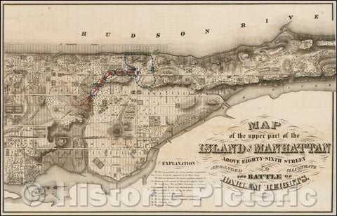 Historic Map - Map of the upper part of the Island of Manhattan Above Eighty-Sixth Street Arranged to Illustratre The Battle of Harlem Heights, 1868 - Vintage Wall Art