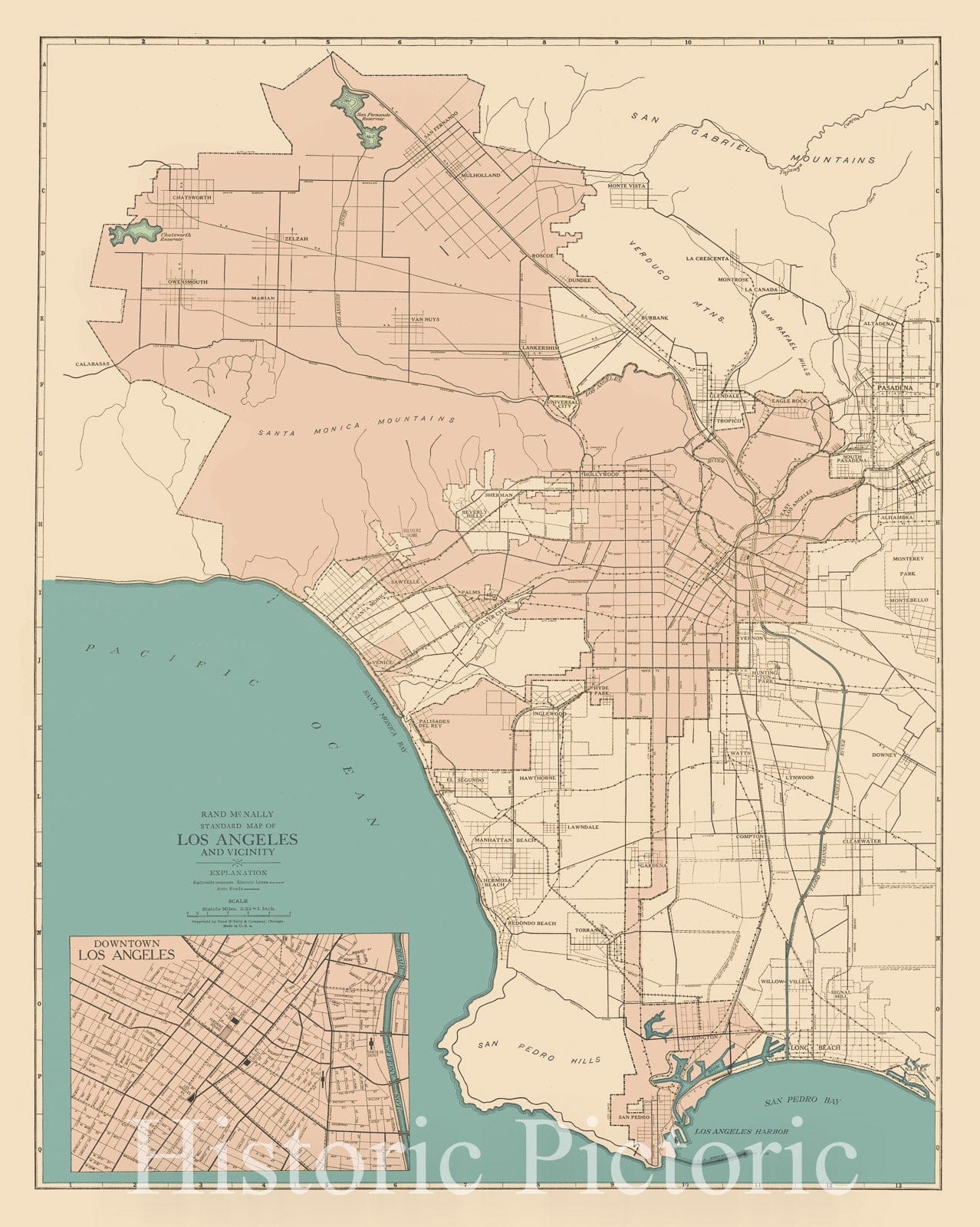 Historic Map - Standard Map of Los Angeles and Vicinity, 1927, Rand McNally & Company - Vintage Wall Art