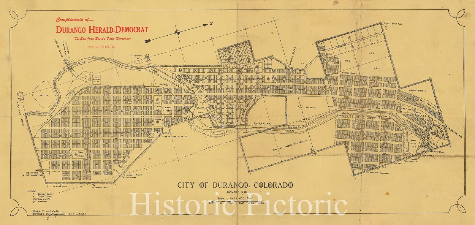 Historic Map - City of Durango, Colorado. January, 1948, A.I. Gabardi - Vintage Wall Art