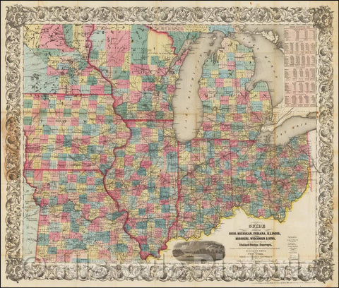 Historic Map - Guide Through Ohio, Michigan Indiana, Illinois, Missouri, Wisconsin & Iowa. Showing Township Lines of the United States Surveys, 1855 - Vintage Wall Art