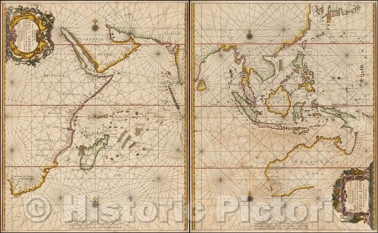 Historic Map - Pascaerte Van't Oostelyckste deel van Oost-Indien met alle de Eylanden :: Sea Chart of Australia, Southeast Asia and Indian Ocean, 1670 - Vintage Wall Art