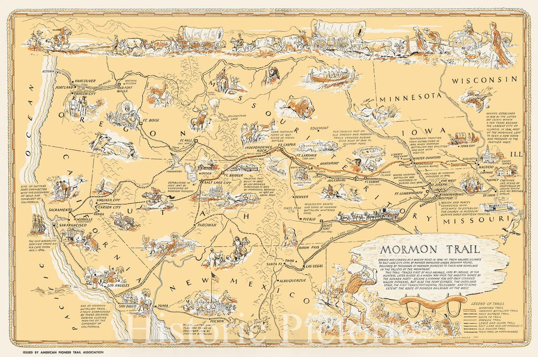 Historic Map - Mormon Trail Opened and Charted AS A Wagon Road In 1846-47, From Nauvoo, Illinois to Salt Lake City, Utah, 1947, J. Rulon Hales - Vintage Wall Art
