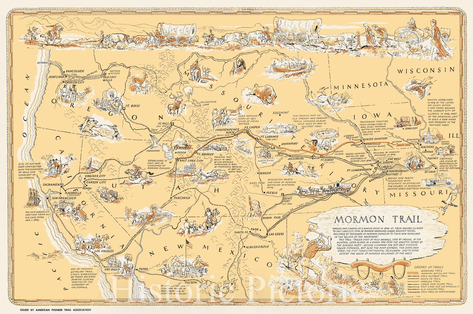 Historic Map - Mormon Trail Opened and Charted AS A Wagon Road In 1846-47, From Nauvoo, Illinois to Salt Lake City, Utah, 1947, J. Rulon Hales - Vintage Wall Art