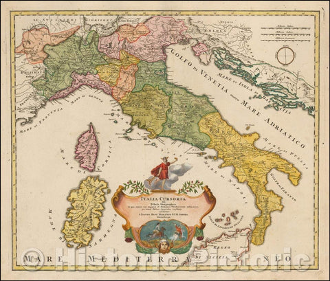 Historic Map - Italia Cursoria Seu Tabula Geographica in qua omnes viae angariae et Stationes Veredariorum ordinariae per totam/Antique Map of Italy, 1760 - Vintage Wall Art