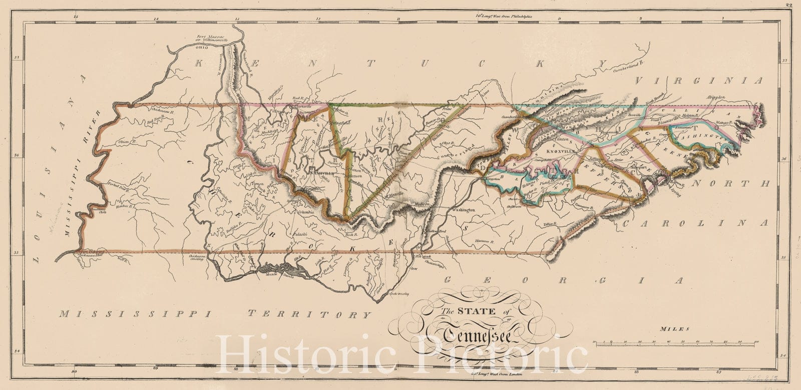 Historic Map - The State of Tennessee, 1814, Matthew Carey - Vintage Wall Art