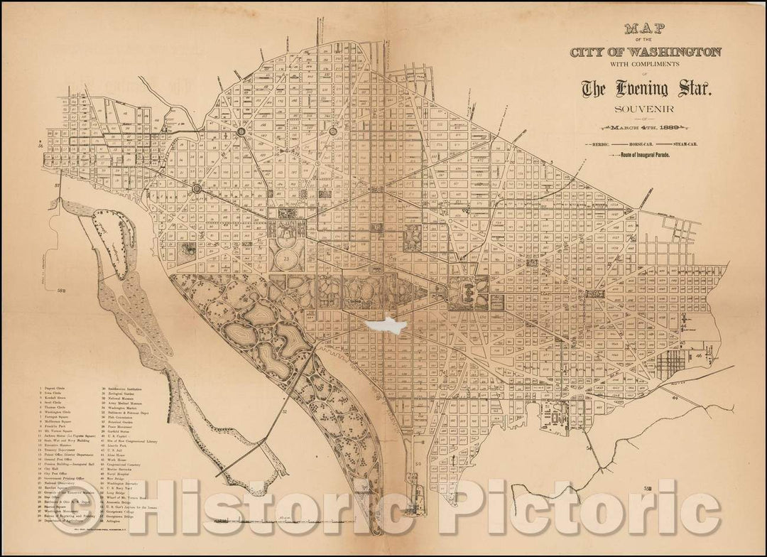Historic Map - Map of the City of Washington with Compliments of The Evening Star. Souvenier. March 45h 1889. [Presidential Inauguration Souvenir Map], 1889 - Vintage Wall Art