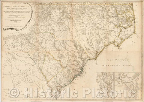 Historic Map - An Accurate Map of North and South Carolina With Their Indian Frontiers, Shewing in a distinct manner all the Mountains, 1775, Henry Mouzon - Vintage Wall Art