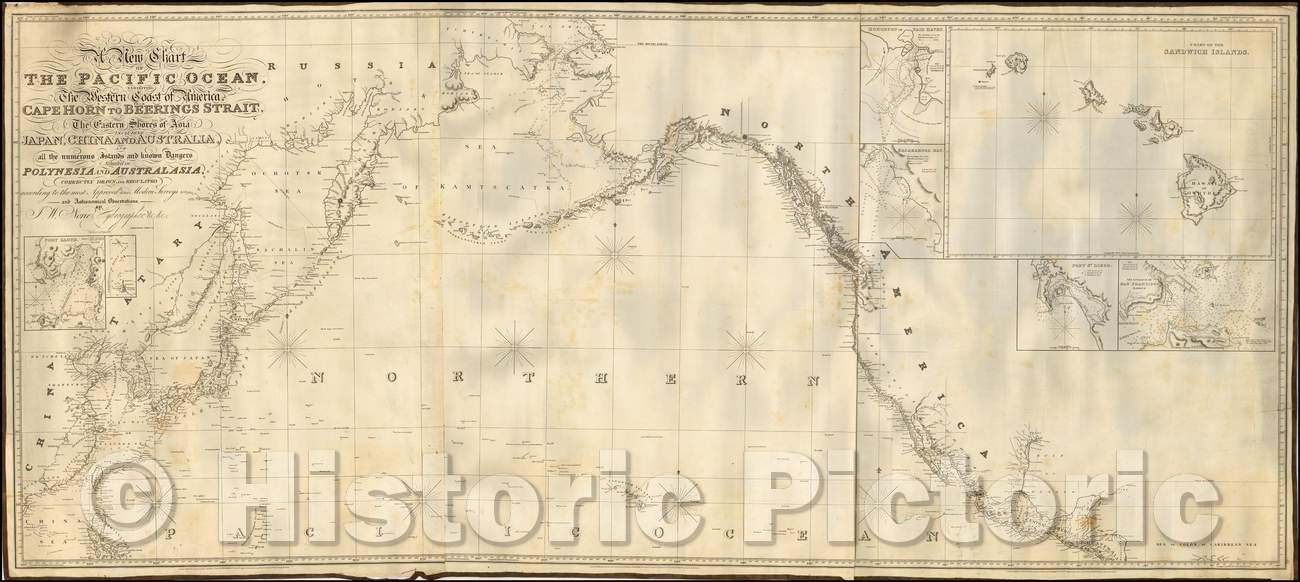 Historic Map - Chart of The Pacific Ocean, Western Coast of America from Cape Horn to Beerings Strait, The Eastern Shores of Asia Including Japan, 1844 - Vintage Wall Art