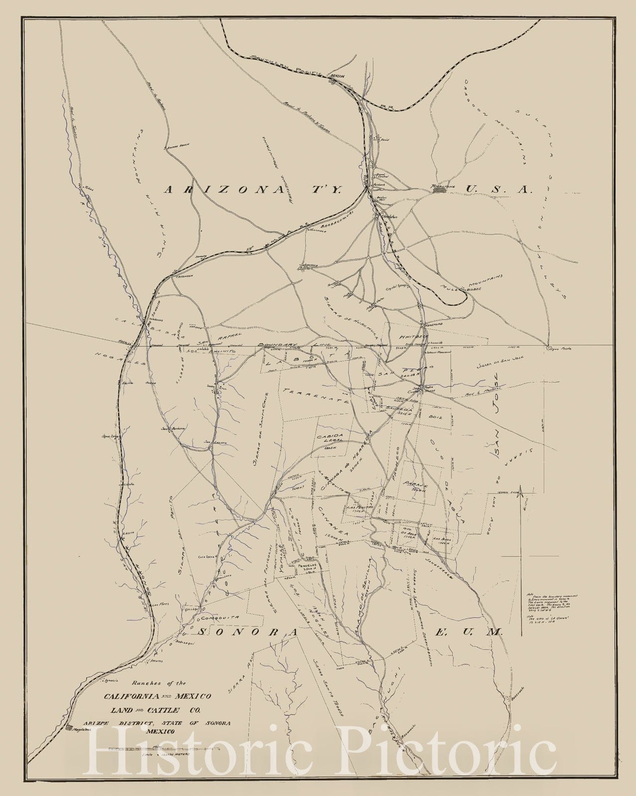 Historic Map - Cochise County, Arizona Territory - Northern Sonora Ranches of the California and Mexico Land and Cattle Co. Arizpe District, State of Sonoma Mexico, 1905 - Vintage Wall Art