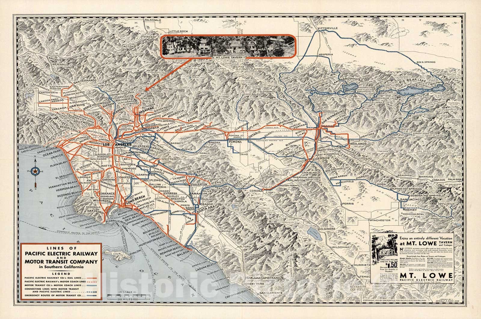 Historic Map - Lines of Pacific Electric Railway and Motor Transit Company in Southern California (with View of Mt. Lowe Tavern), 1935 - Vintage Wall Art