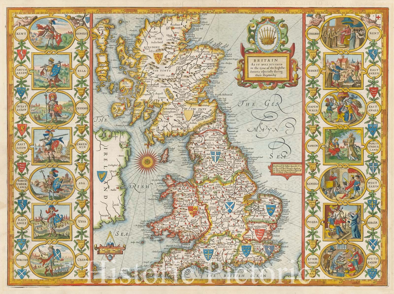 Historic Map - Britain As It Was Devided in the tyme of the Englishe-Saxons especially during their Heptarchy, 1676, John Speed - Vintage Wall Art