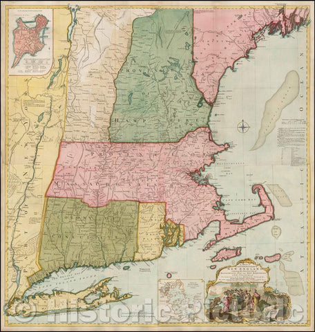 Historic Map - Most Inhabited Part Of New England Containing The Provinces Of Massachusets Bay and New Hampshire. With the Colonies of Conecticut and Rh, 1774 - Vintage Wall Art