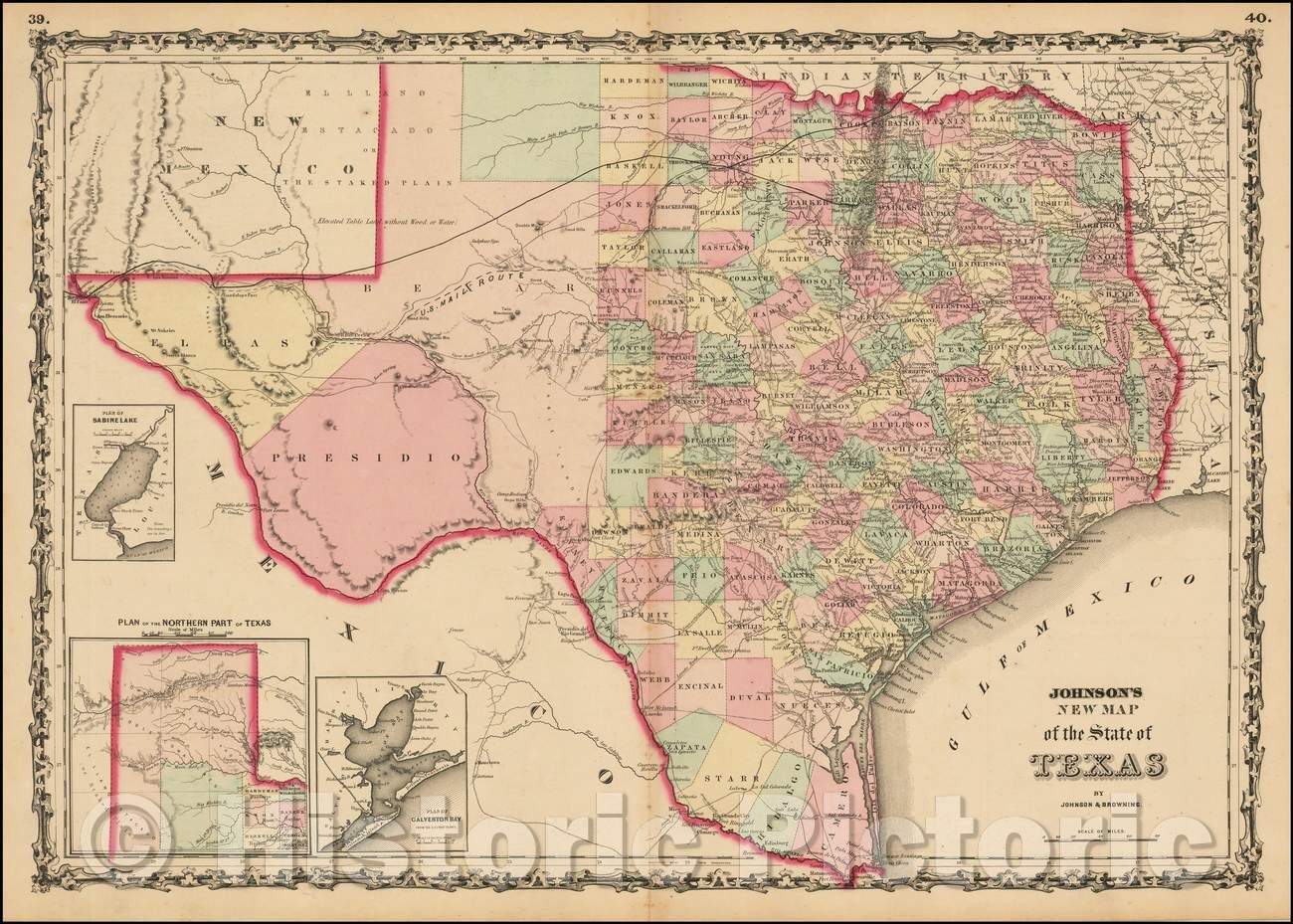 Historic Map Johnson's New Map of the State of Texas, 1861, Alvin Je Historic Pictoric