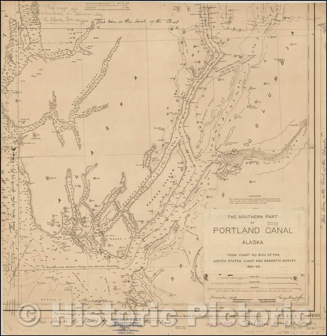 Historic Map - The Southern Part of Portland Canal Alaska From Chart No. 8100 of the United States Coast and Geodetic Survey 1891-99, 1903 - Vintage Wall Art