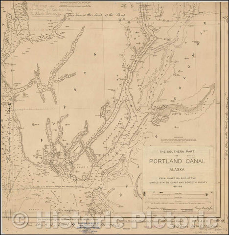 Historic Map - The Southern Part of Portland Canal Alaska From Chart No. 8100 of the United States Coast and Geodetic Survey 1891-99, 1903 - Vintage Wall Art